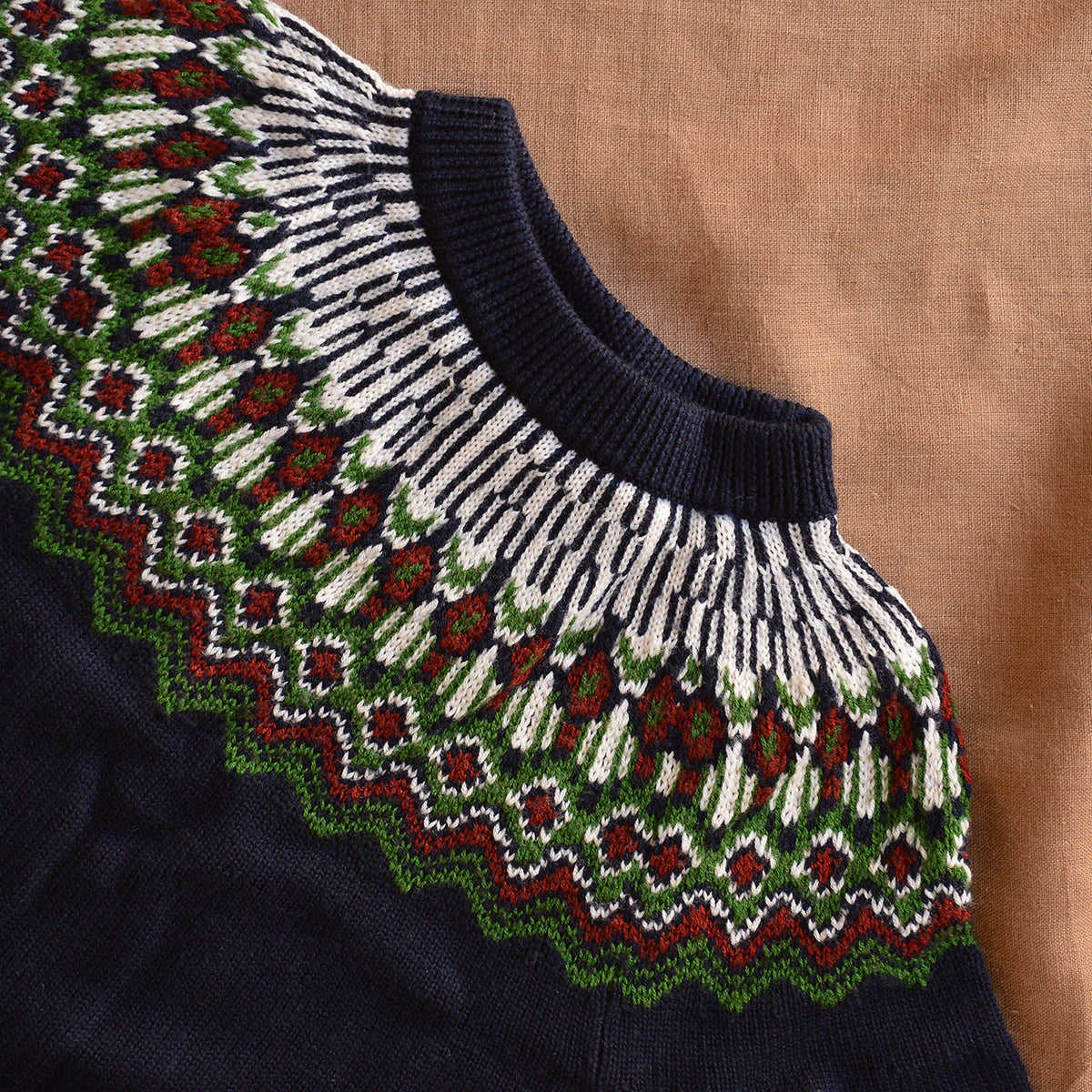 Fair Isle Sweater - 100% Merino - Dark Navy/Green (2-12y+ Teen/Womens XS)