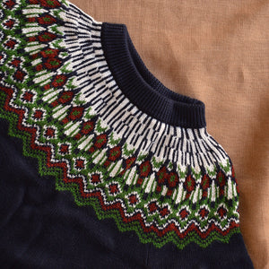Fair Isle Sweater - 100% Merino - Dark Navy/Green (2-12y+ Teen/Womens XS)