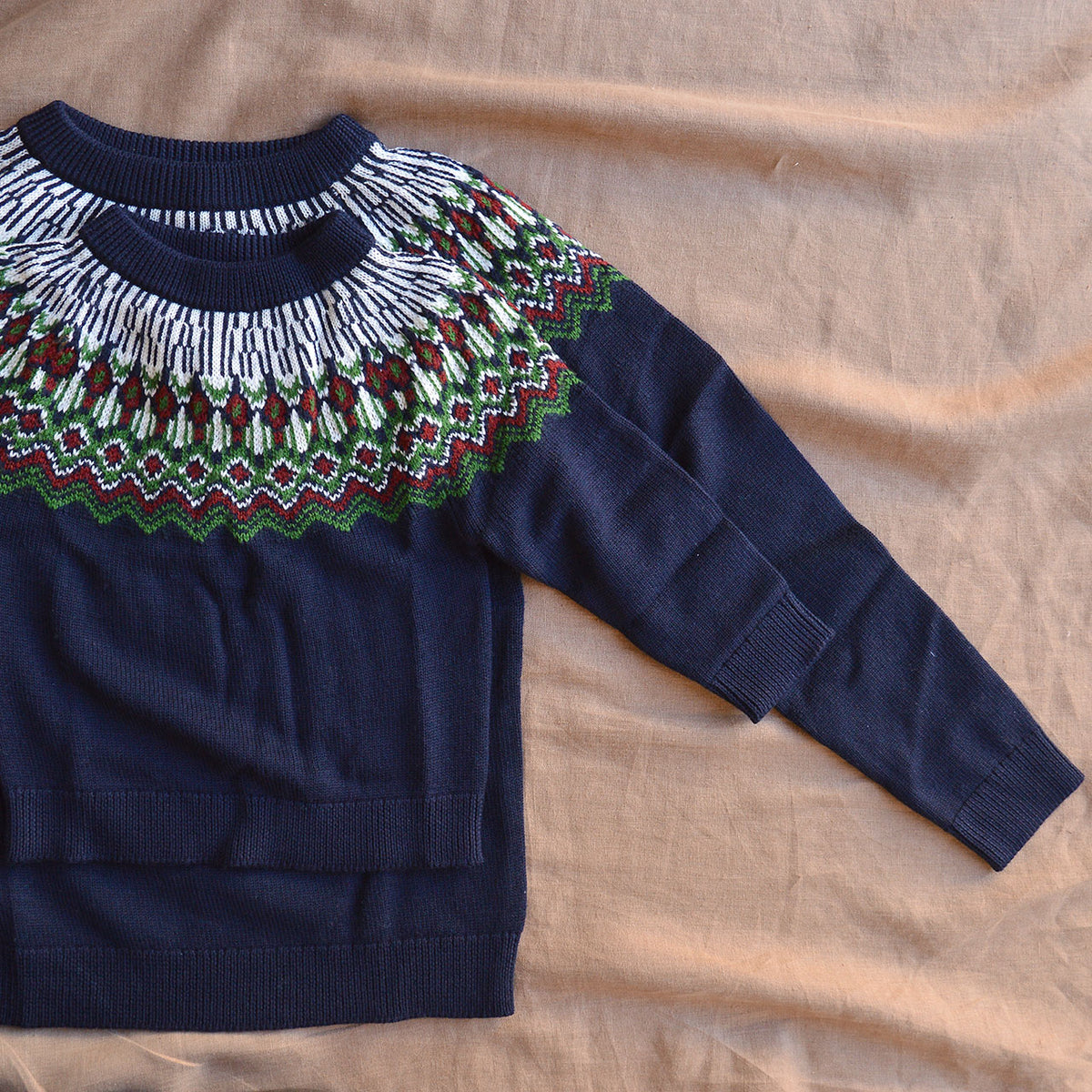 Fair Isle Sweater - 100% Merino - Dark Navy/Green (2-12y+ Teen/Womens XS)