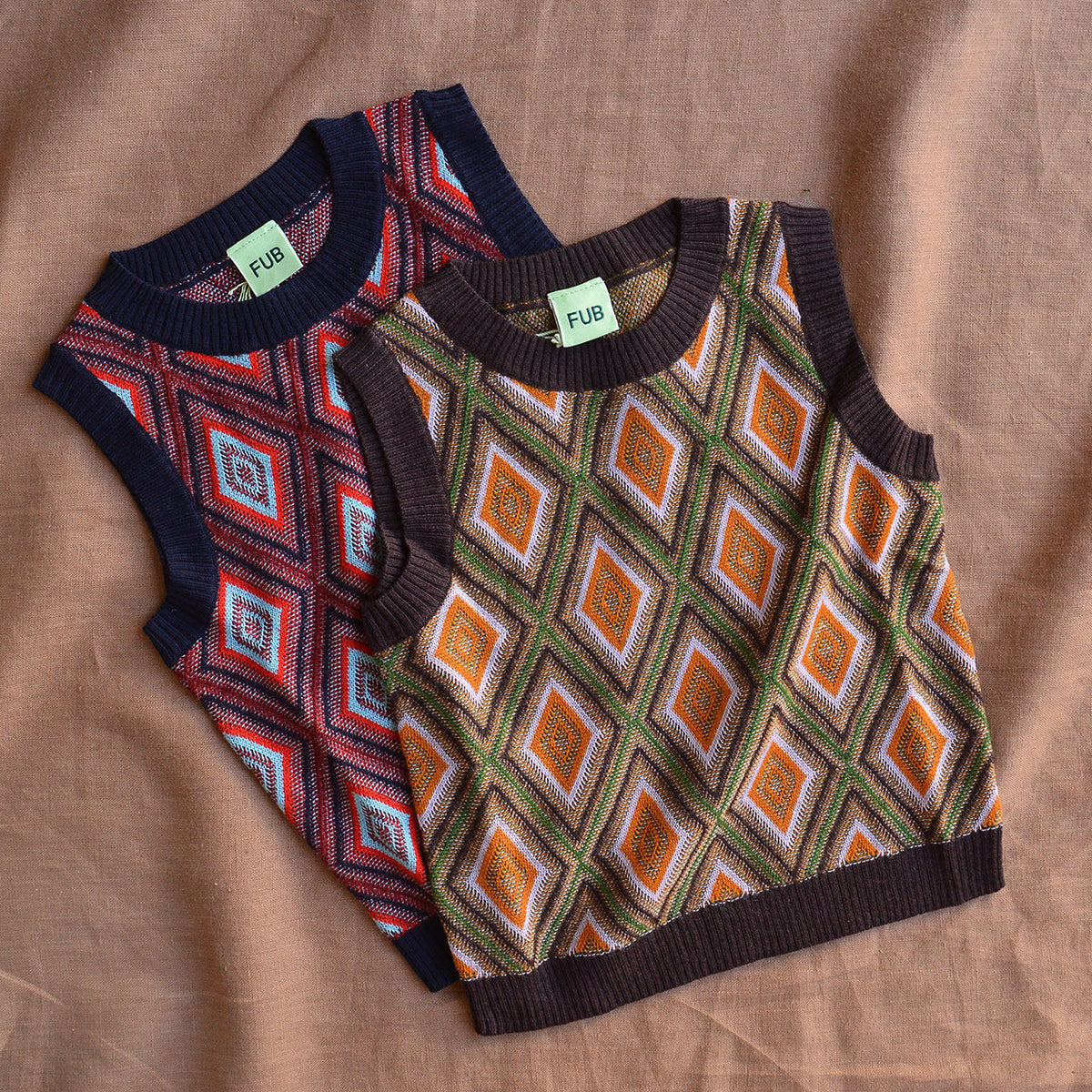 Harlequin Knit Vest - 100% Merino - Orange/Mocha (2-12y+)