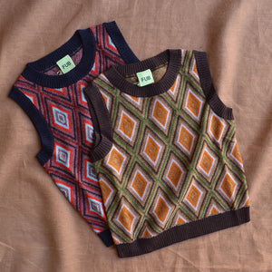 Harlequin Knit Vest - 100% Merino - Orange/Mocha (2-12y+)