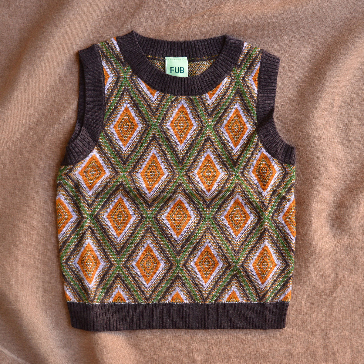 Harlequin Knit Vest - 100% Merino - Orange/Mocha (2-12y+)