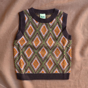 Harlequin Knit Vest - 100% Merino - Orange/Mocha (2-12y+)