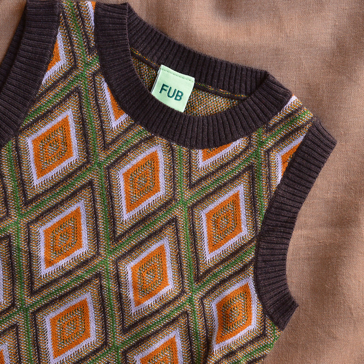 Harlequin Knit Vest - 100% Merino - Orange/Mocha (2-12y+)