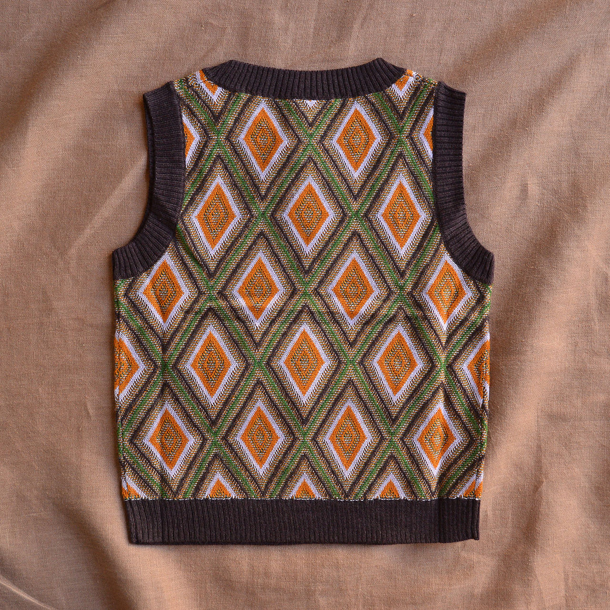 Harlequin Knit Vest - 100% Merino - Orange/Mocha (2-12y+)