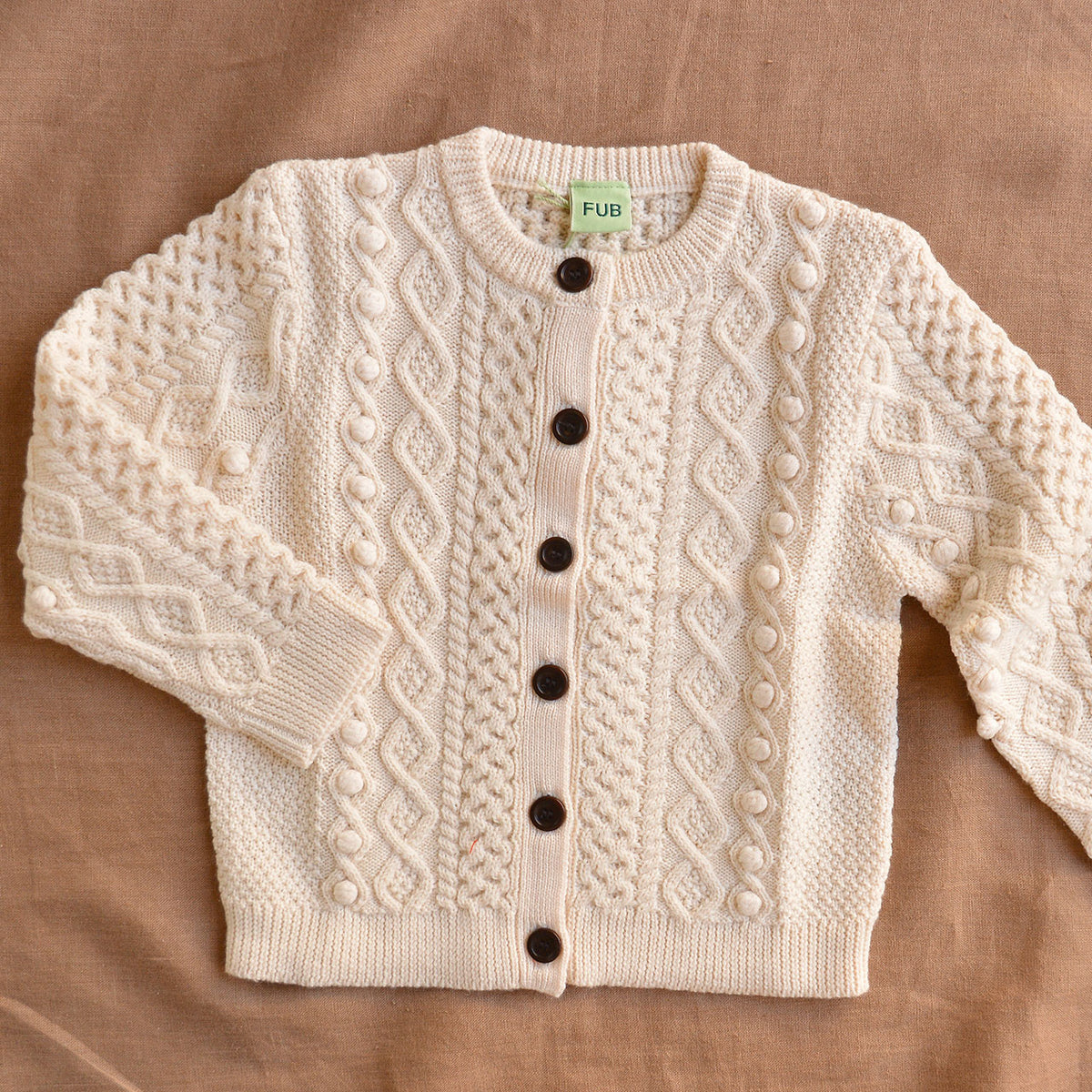 Aran Cardigan - 100% Merino - Ecru (2-10y)