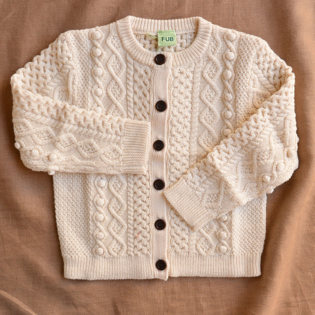 Aran Cardigan - 100% Merino - Ecru (2-10y)