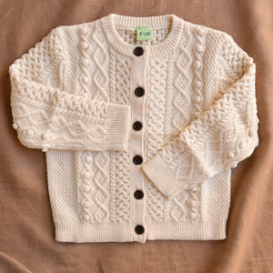 Aran Cardigan - 100% Merino - Ecru (2-10y)