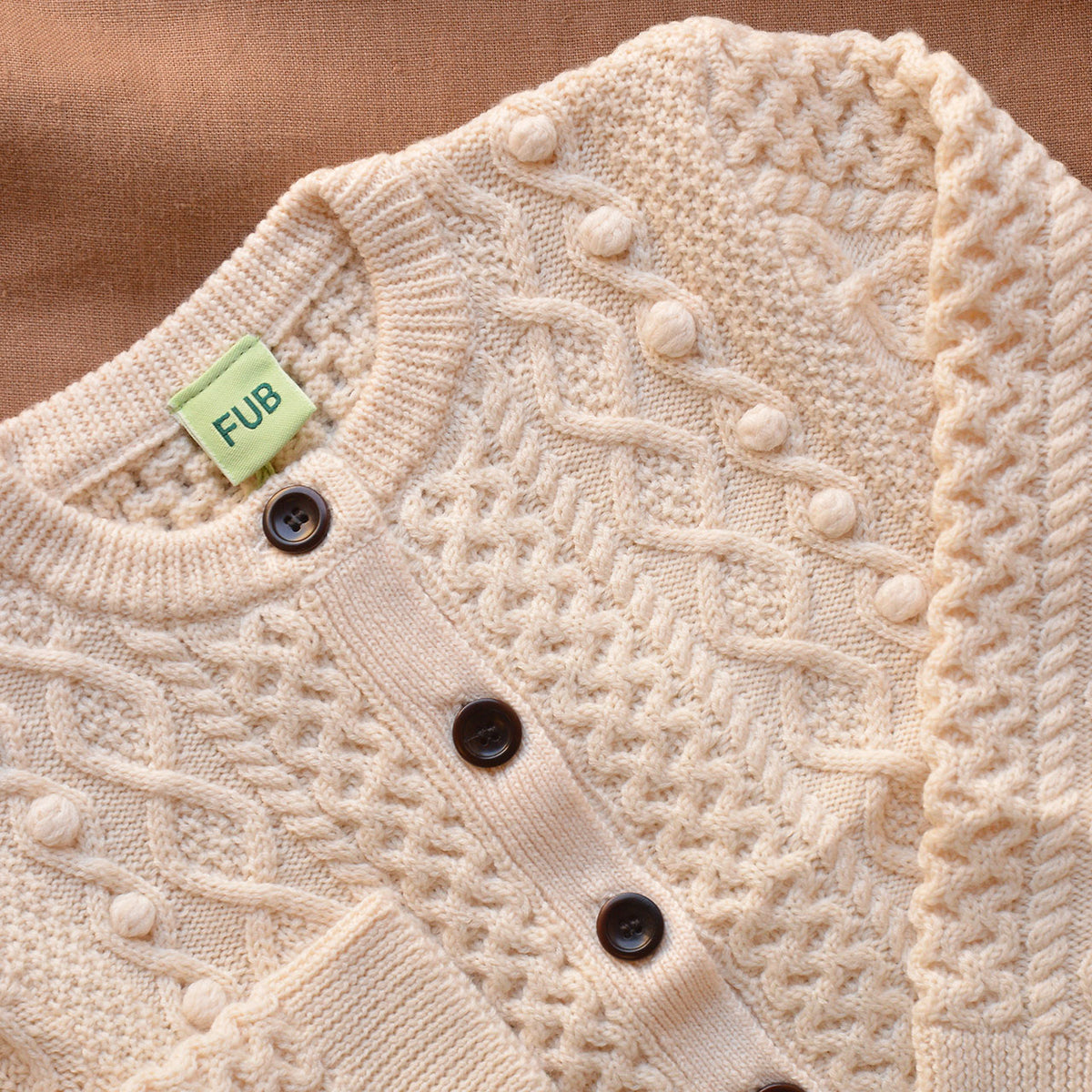 Aran Cardigan - 100% Merino - Ecru (2-10y)