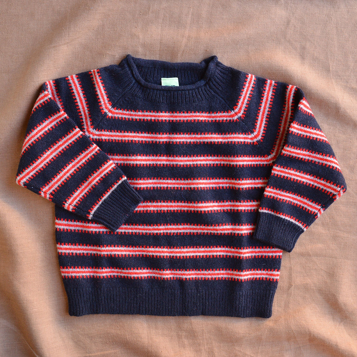 Raglan Sweater - 100% Lambswool - Navy/Red Stripe (2-12y+ Teen/Womens XS)