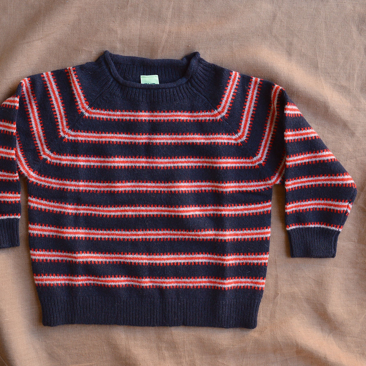 Raglan Sweater - 100% Lambswool - Navy/Red Stripe (2-12y+ Teen/Womens XS)