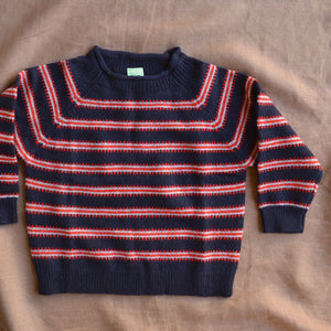 Raglan Sweater - 100% Lambswool - Navy/Red Stripe (2-12y+ Teen/Womens XS)