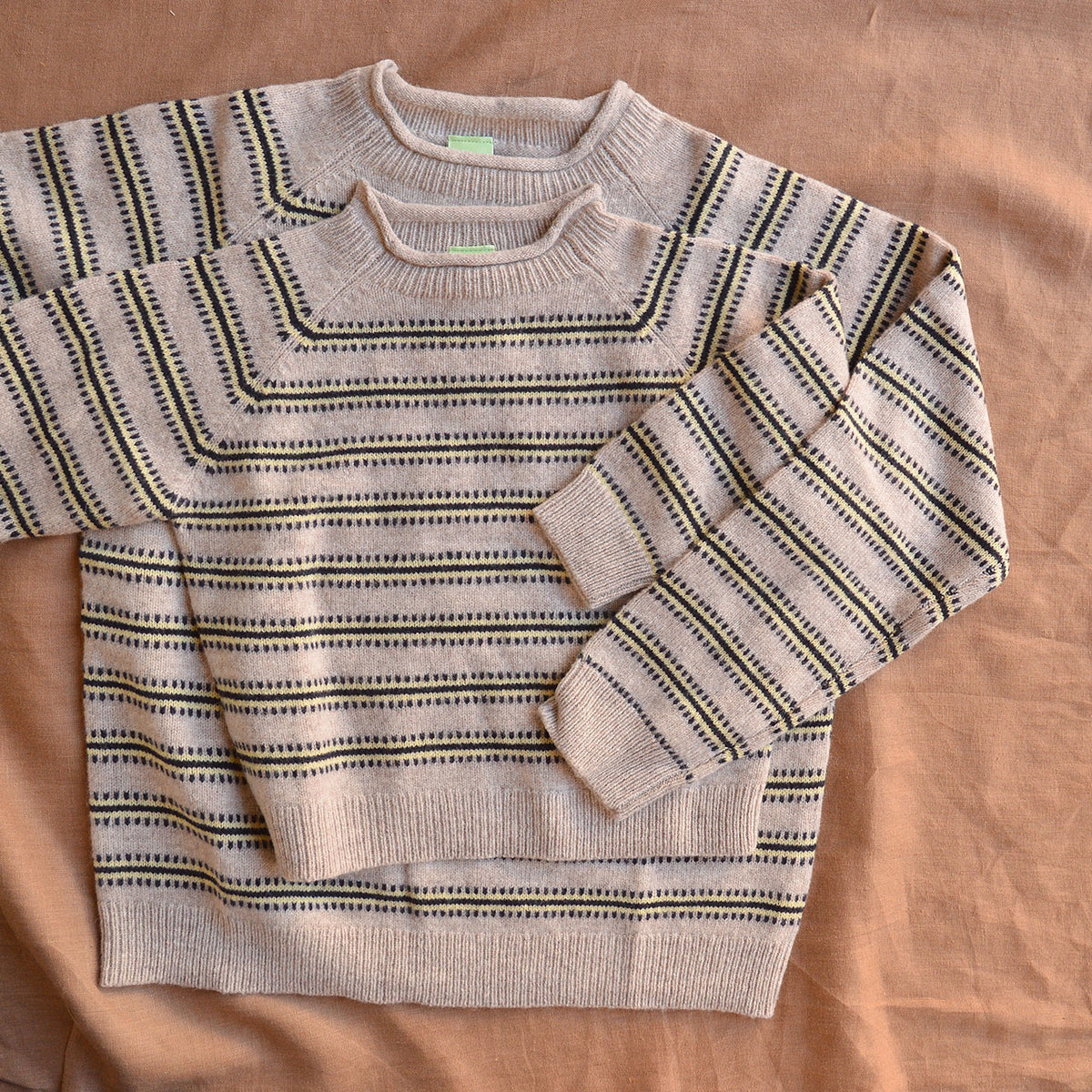 Raglan Sweater - 100% Lambswool - Oat/Olive Stripe (2-12y+ Teen/Womens XS)