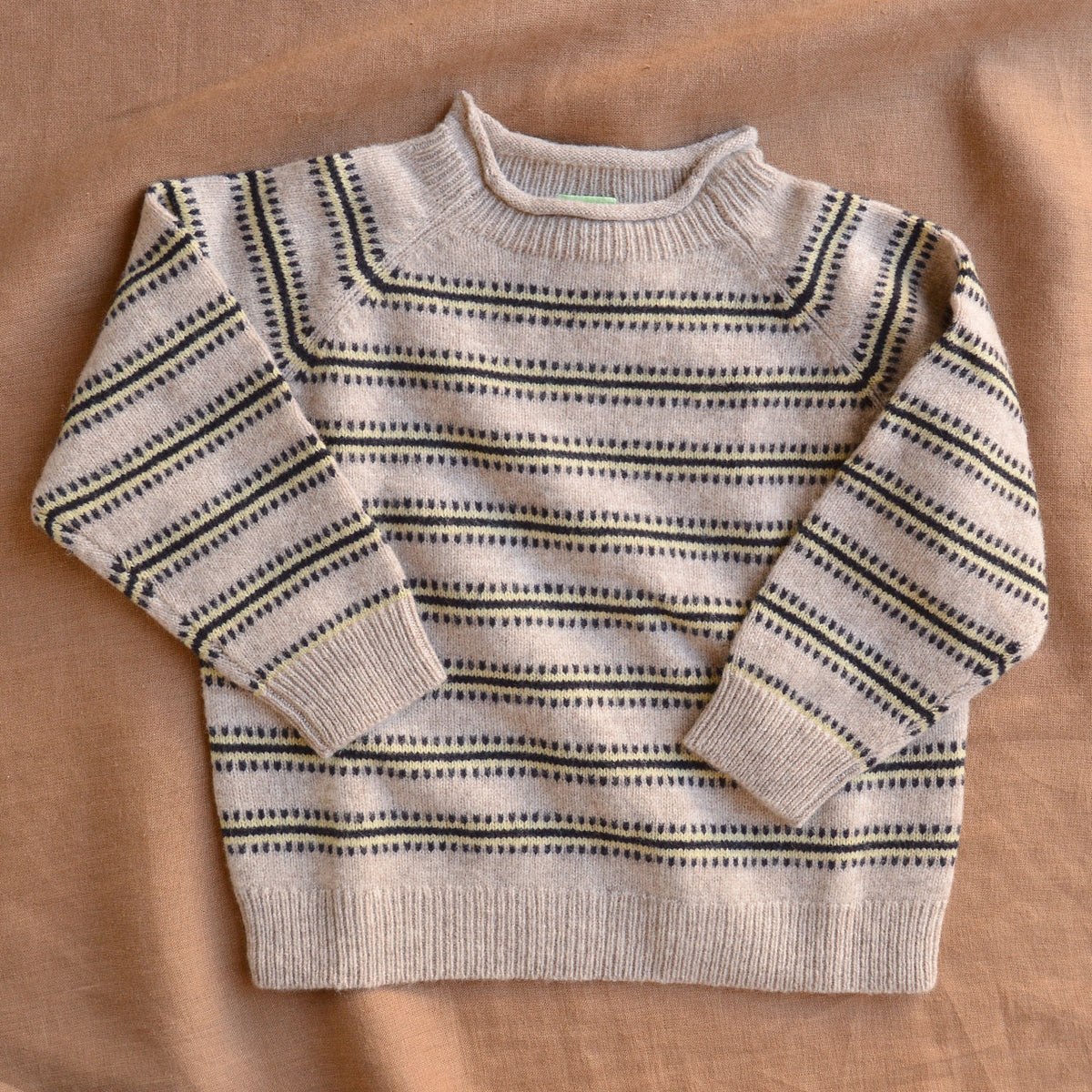Raglan Sweater - 100% Lambswool - Oat/Olive Stripe (2-12y+ Teen/Womens XS)