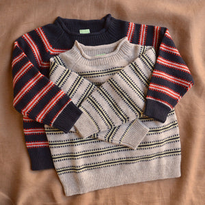 Raglan Sweater - 100% Lambswool - Oat/Olive Stripe (2-12y+ Teen/Womens XS)