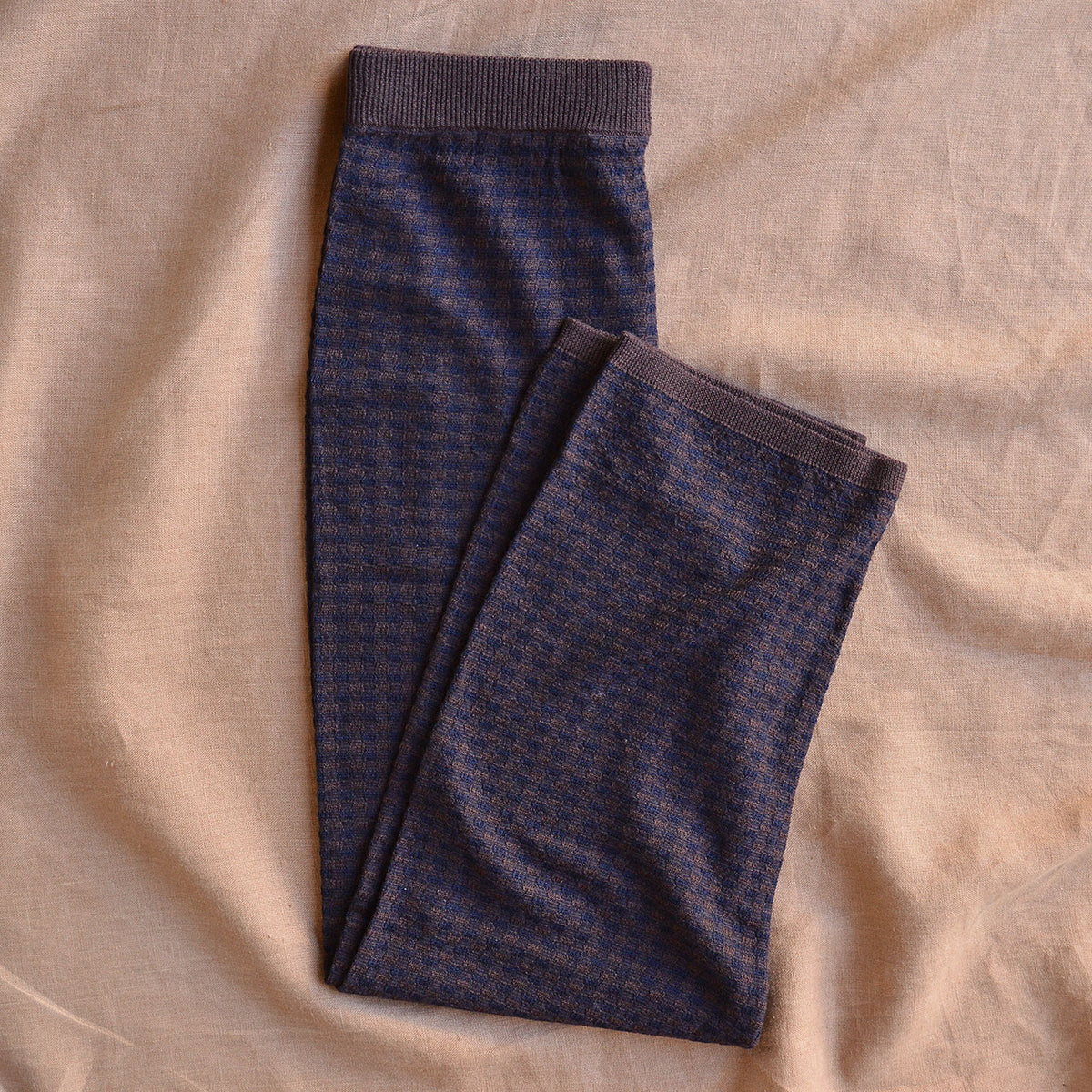 3/4 Length Checked Pants - 100% Merino - Mocha/Navy (Teen-Womens XS)