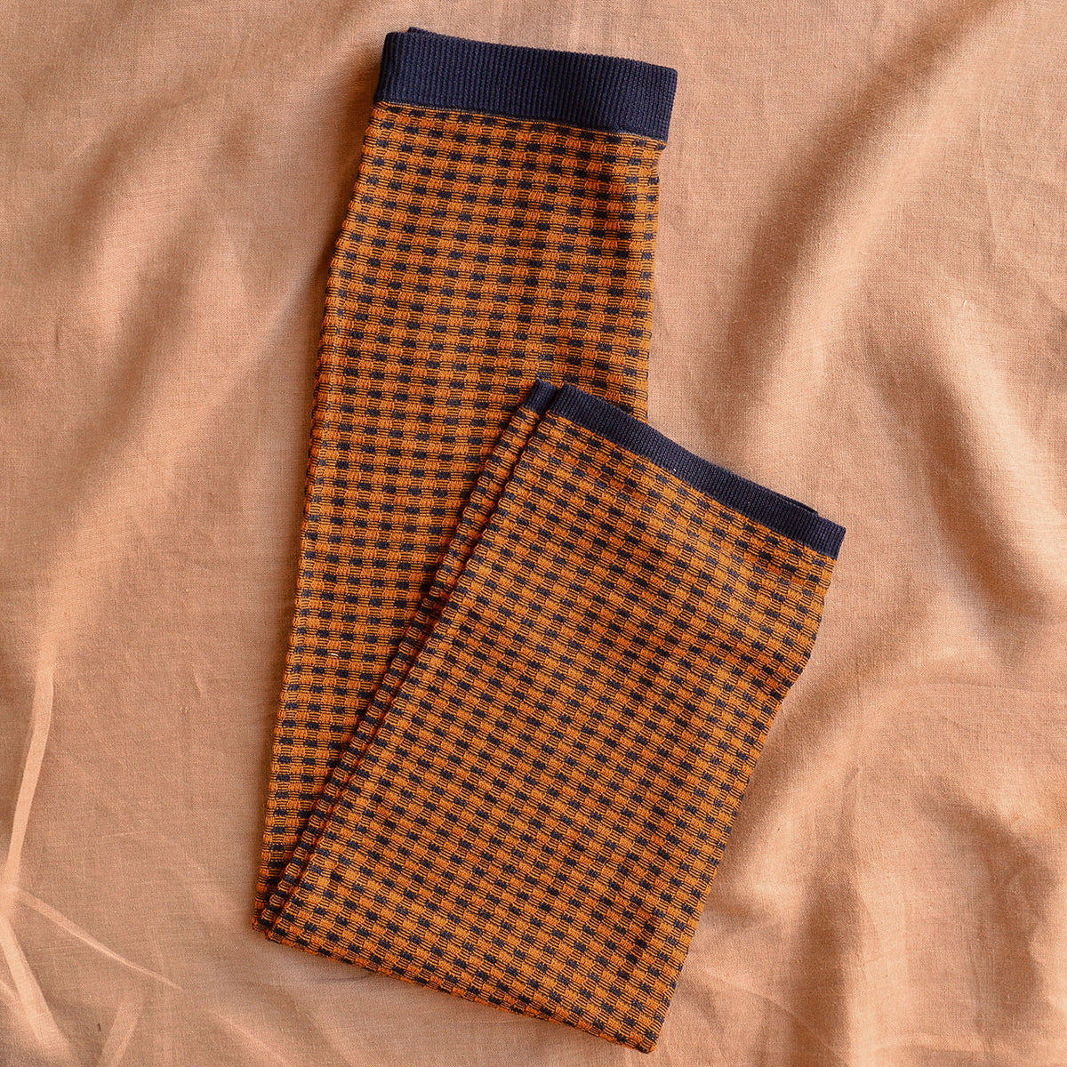 3/4 Length Checked Pants - 100% Merino - Navy/Amber (Teens-Womens XS)
