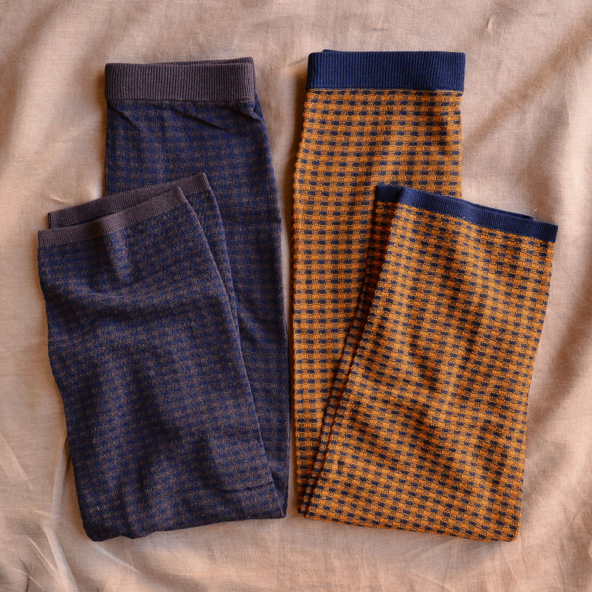 3/4 Length Checked Pants - 100% Merino - Mocha/Navy (Teen-Womens XS)