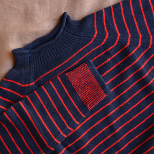 Women's Sweater - 100% Lambswool - Navy/Red Stripes (S-L)