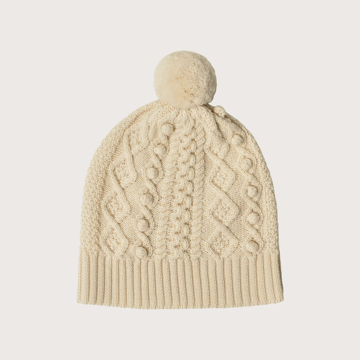 Aran Knit Pom Pom Beanie - 100% Merino - (6-12y+ Adults) *Arriving 2026