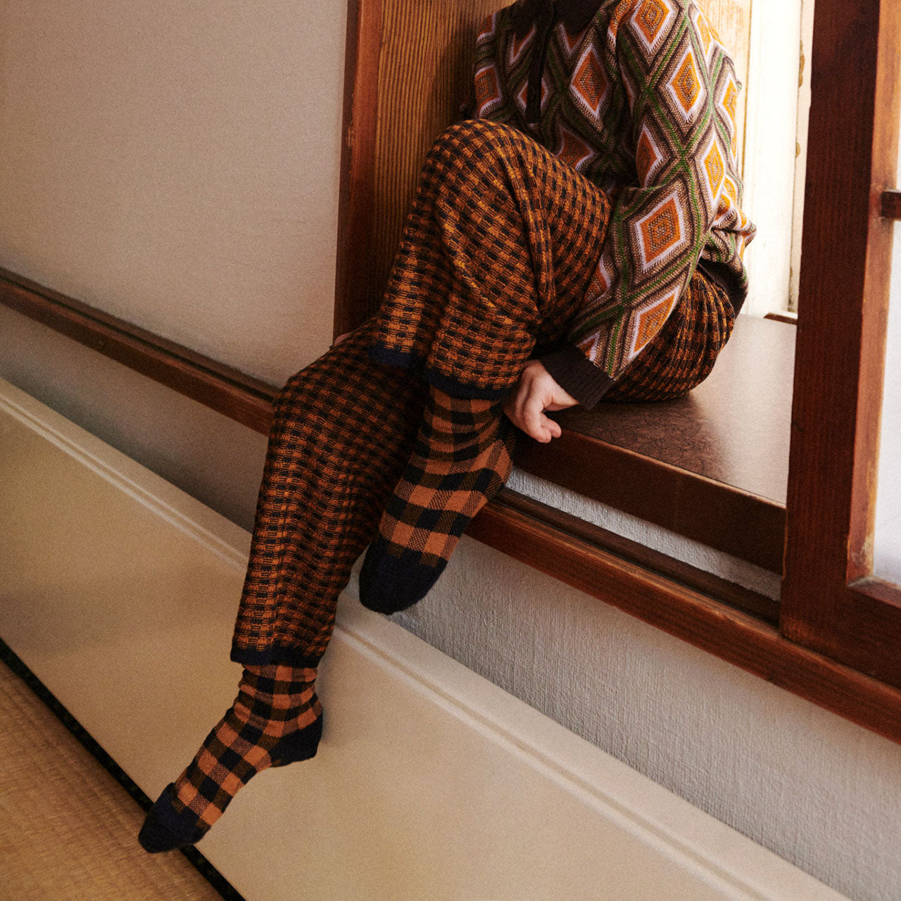 3/4 Length Checked Pants - 100% Merino - Navy/Amber (Teens-Womens S) *Arriving 2026