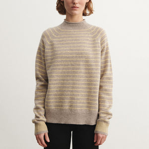 Women's Sweater - 100% Lambswool - Oat/Wheat Stripes (S-L) *Arriving 2026