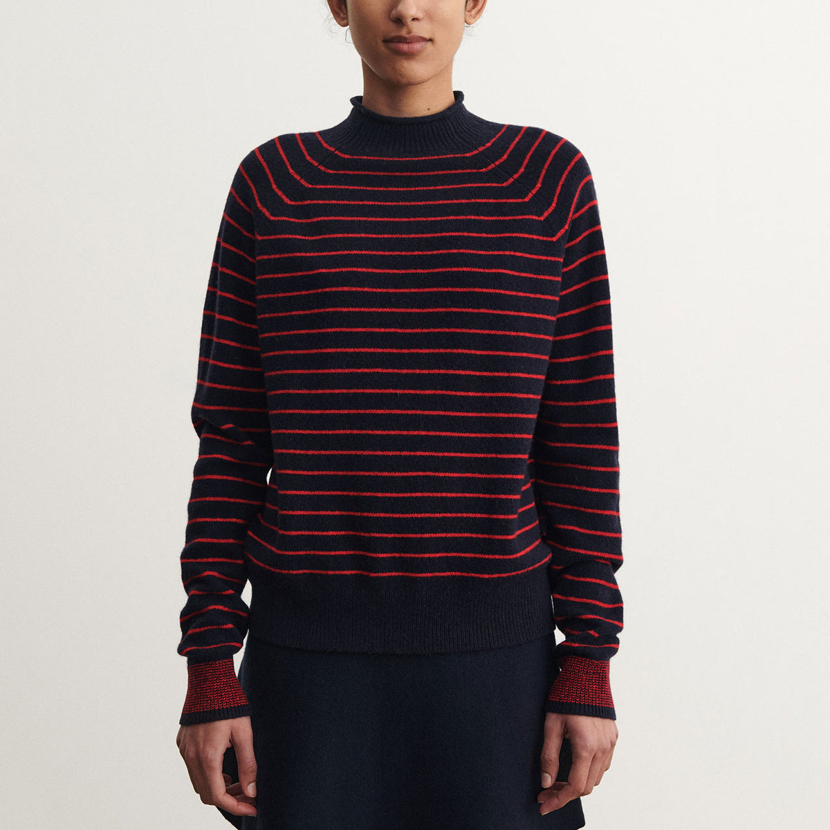 Women's Sweater - 100% Lambswool - Navy/Red Stripes (S-L) *Arriving 2026