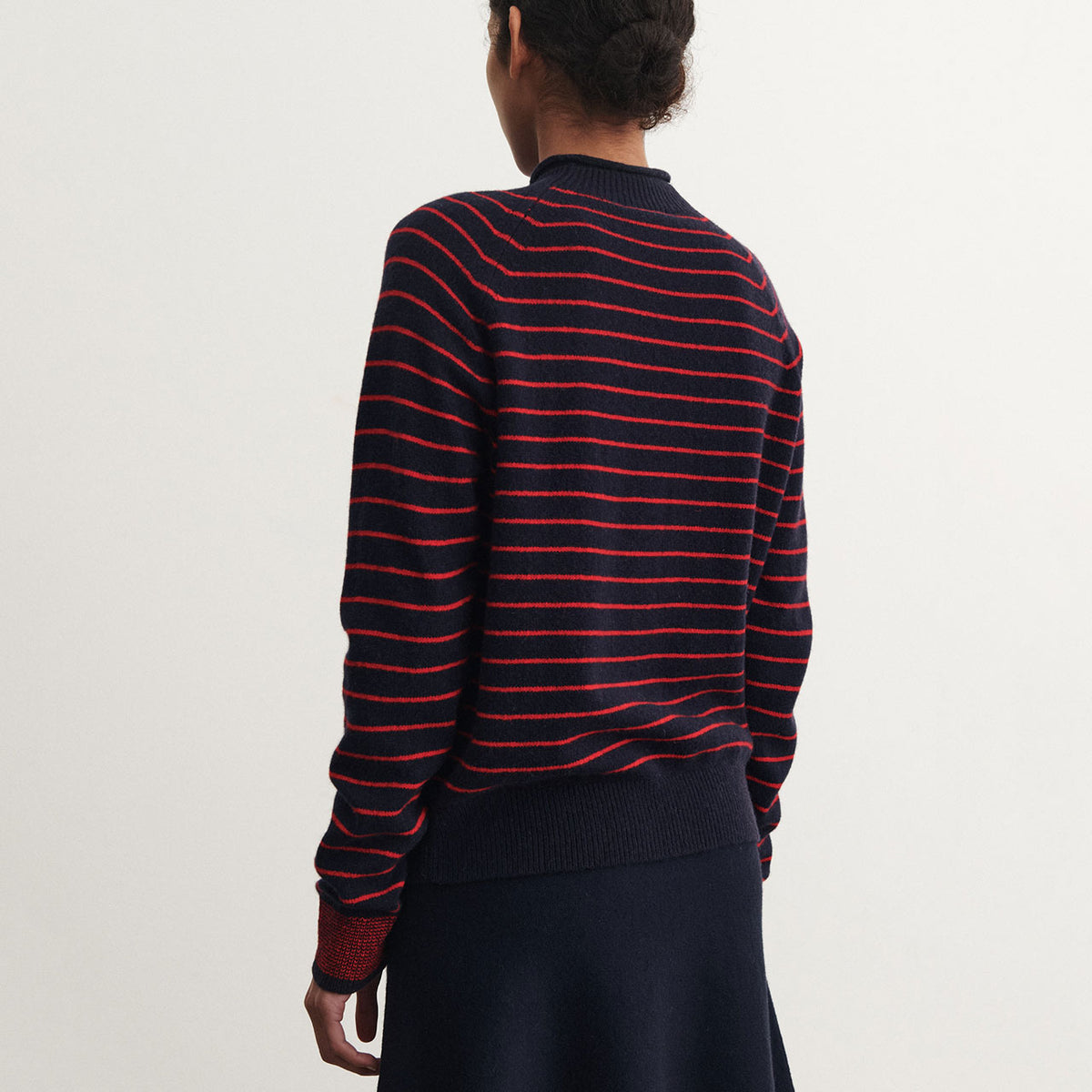 Women's Sweater - 100% Lambswool - Navy/Red Stripes (S-L) *Arriving 2026