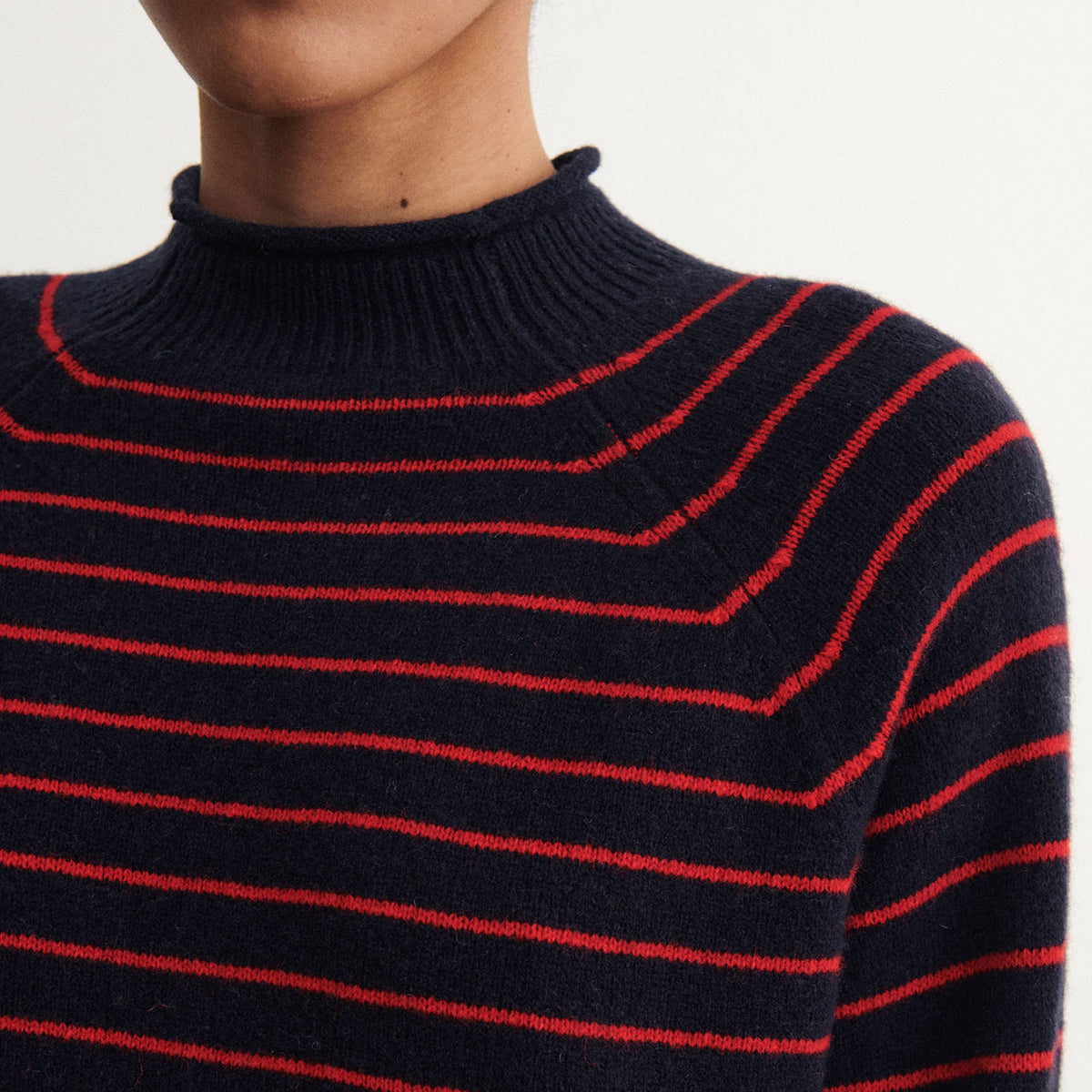 Women's Sweater - 100% Lambswool - Navy/Red Stripes (S-L) *Arriving 2026