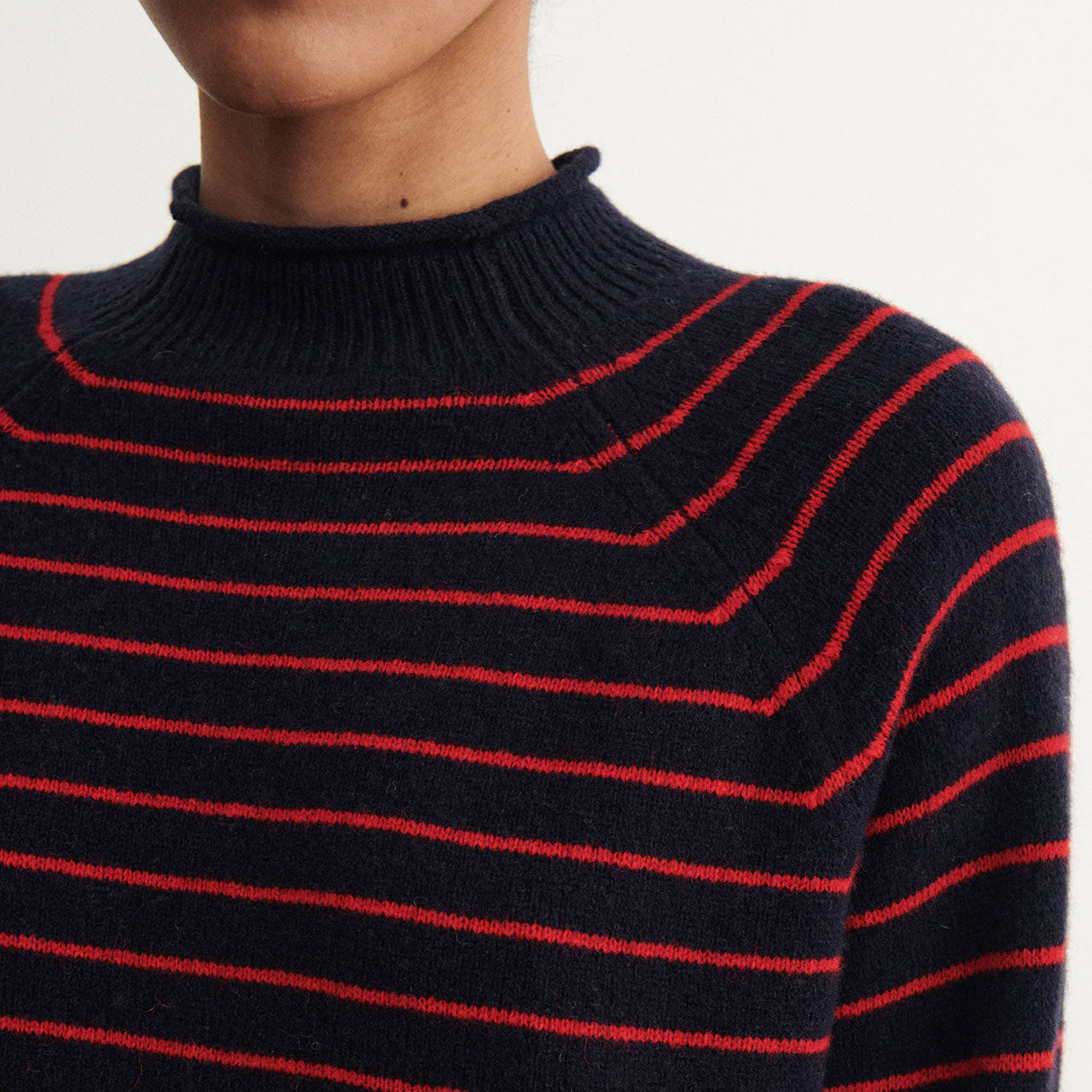 Women's Sweater - 100% Lambswool - Navy/Red Stripes (S-L) *Arriving 2026
