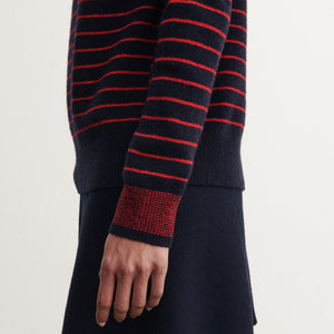 Women's Sweater - 100% Lambswool - Navy/Red Stripes (S-L) *Arriving 2026