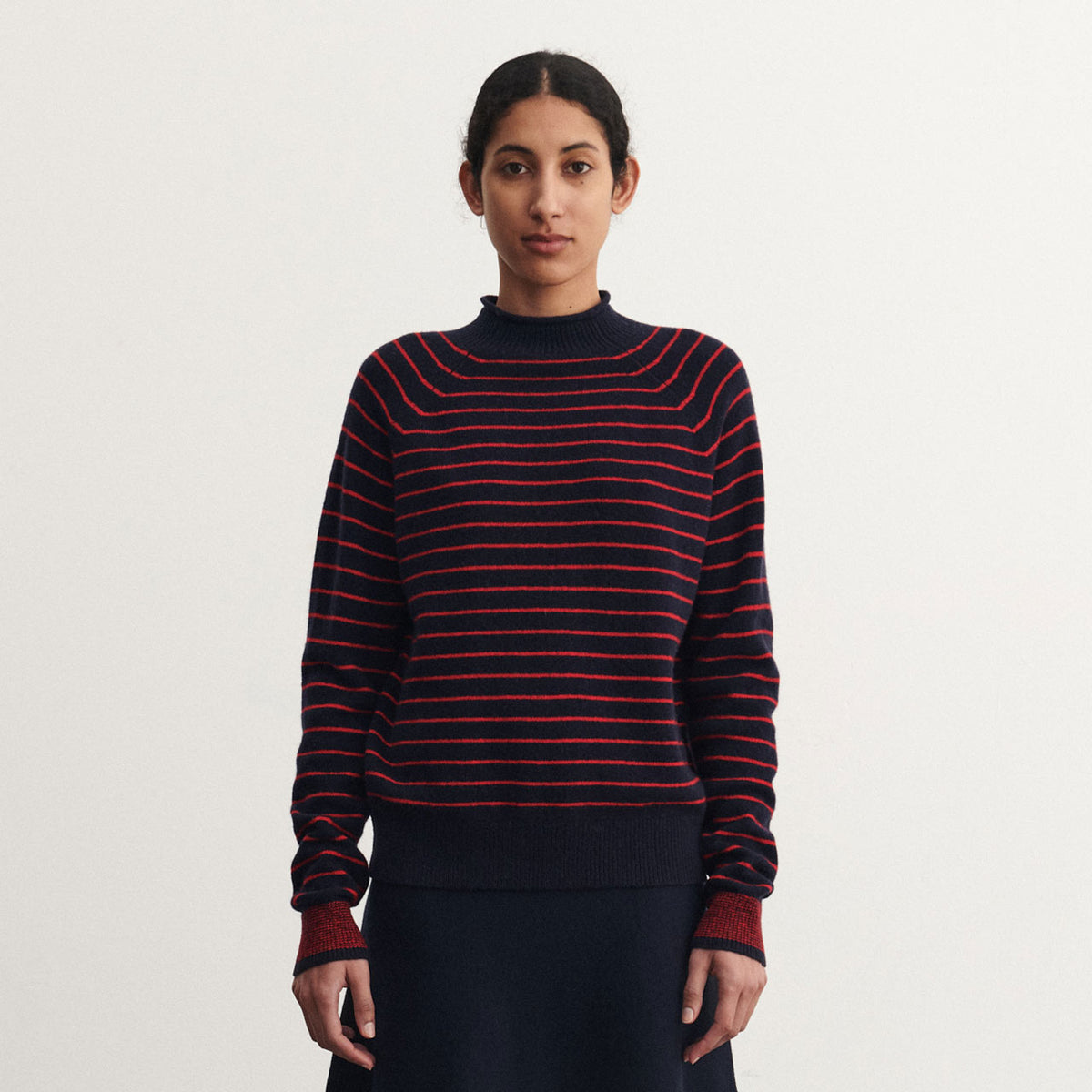 Women's Sweater - 100% Lambswool - Navy/Red Stripes (S-L) *Arriving 2026