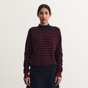 Women's Sweater - 100% Lambswool - Navy/Red Stripes (S-L) *Arriving 2026