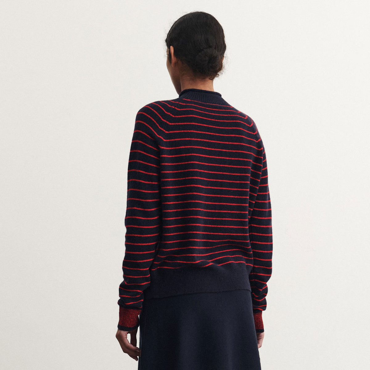 Women's Sweater - 100% Lambswool - Navy/Red Stripes (S-L) *Arriving 2026
