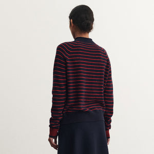 Women's Sweater - 100% Lambswool - Navy/Red Stripes (S-L) *Arriving 2026