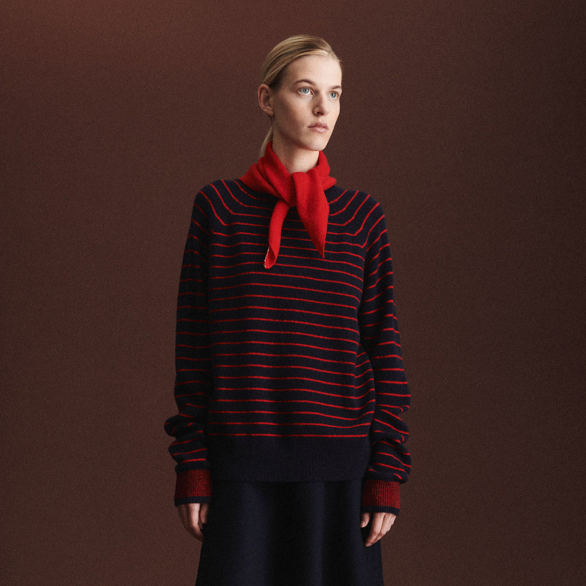 Women's Sweater - 100% Lambswool - Navy/Red Stripes (S-L) *Arriving 2026