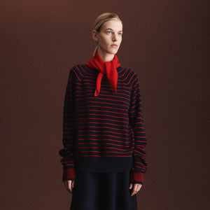 Women's Sweater - 100% Lambswool - Navy/Red Stripes (S-L) *Arriving 2026
