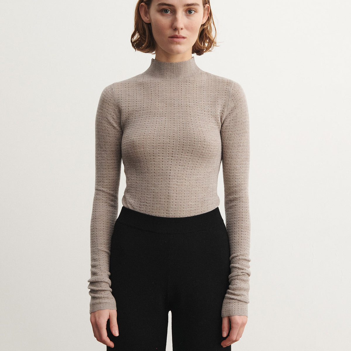 Women's High Neck Long Sleeve Pointelle Raglan Top - 100% Merino - Oat Melange (S-L) *Arriving 2026