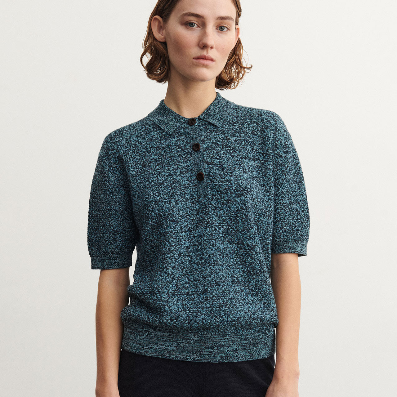 Women's Polo Tee - 100% Merino -  Aqua/Navy Melange (S-L) *Arriving 2026