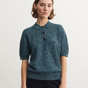 Women's Polo Tee - 100% Merino -  Aqua/Navy Melange (S-L) *Arriving 2026