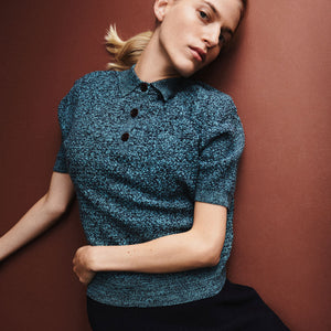 Women's Polo Tee - 100% Merino -  Aqua/Navy Melange (S-L) *Arriving 2026