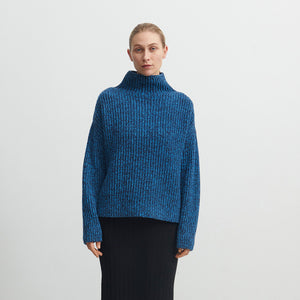 Women's Chunky Rib Sweater - 100% Lambswool - Navy/Sky (XS-M)