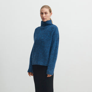 Women's Chunky Rib Sweater - 100% Lambswool - Navy/Sky (XS-M)