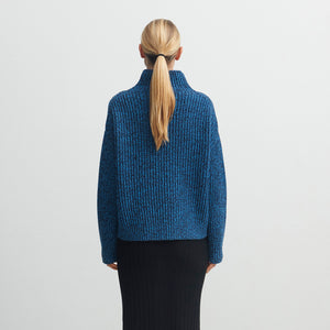 Women's Chunky Rib Sweater - 100% Lambswool - Navy/Sky (XS-M)