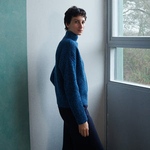Women's Chunky Rib Sweater - 100% Lambswool - Navy/Sky (XS-M)