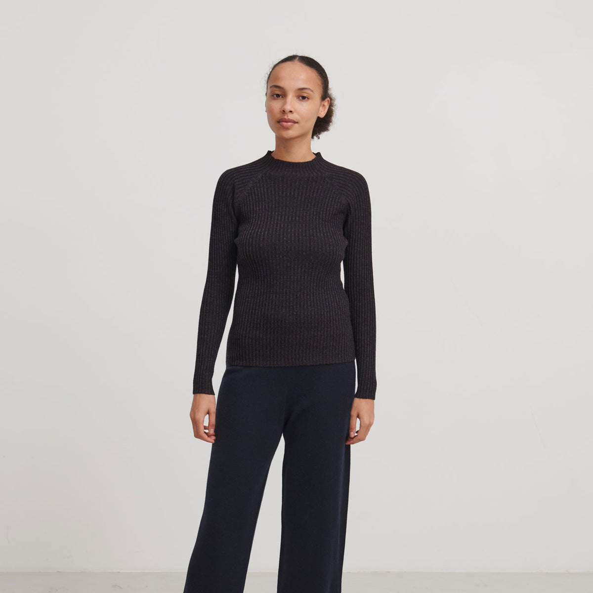 Women's High Neck Long Sleeve Rib Top - 100% Merino - Navy Melange AW24 (M) *Last One!