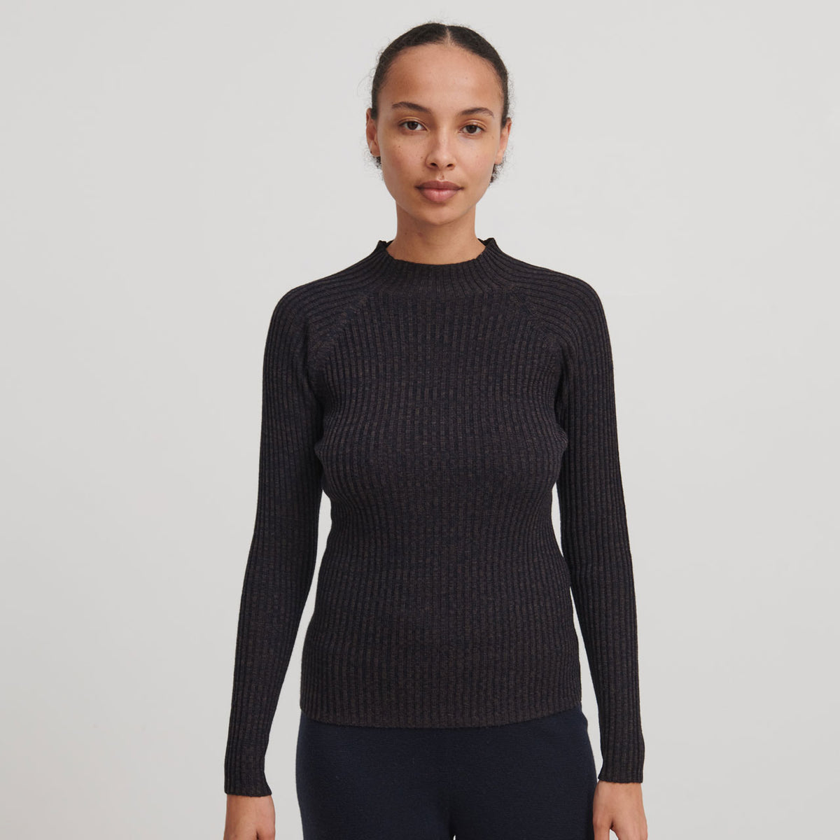 Women's High Neck Long Sleeve Rib Top - 100% Merino - Navy Melange AW24 (M) *Last One!