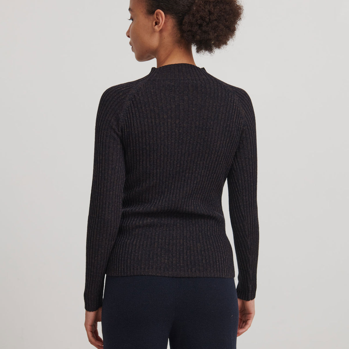 Women's High Neck Long Sleeve Rib Top - 100% Merino - Navy Melange AW24 (M) *Last One!