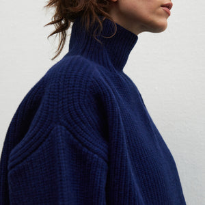 Women's Chunky Rib Sweater - 100% Lambswool - Navy/Sky (XS-M)