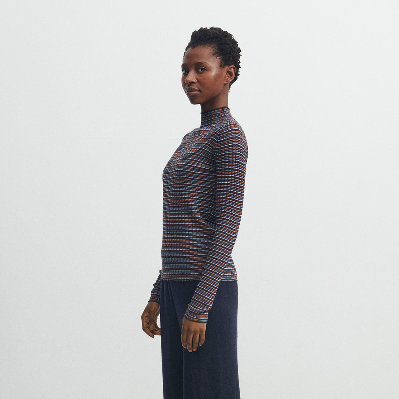 Women's High Neck Long Sleeve Rib Raglan Top - 100% Merino - Multi Stripe (S, M, L)
